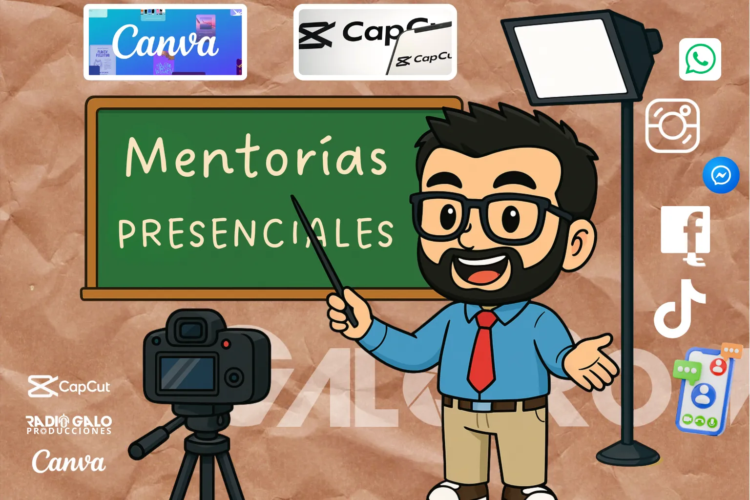 Ilustración de un mentor frente a un pizarrón que dice «Mentorías presenciales»