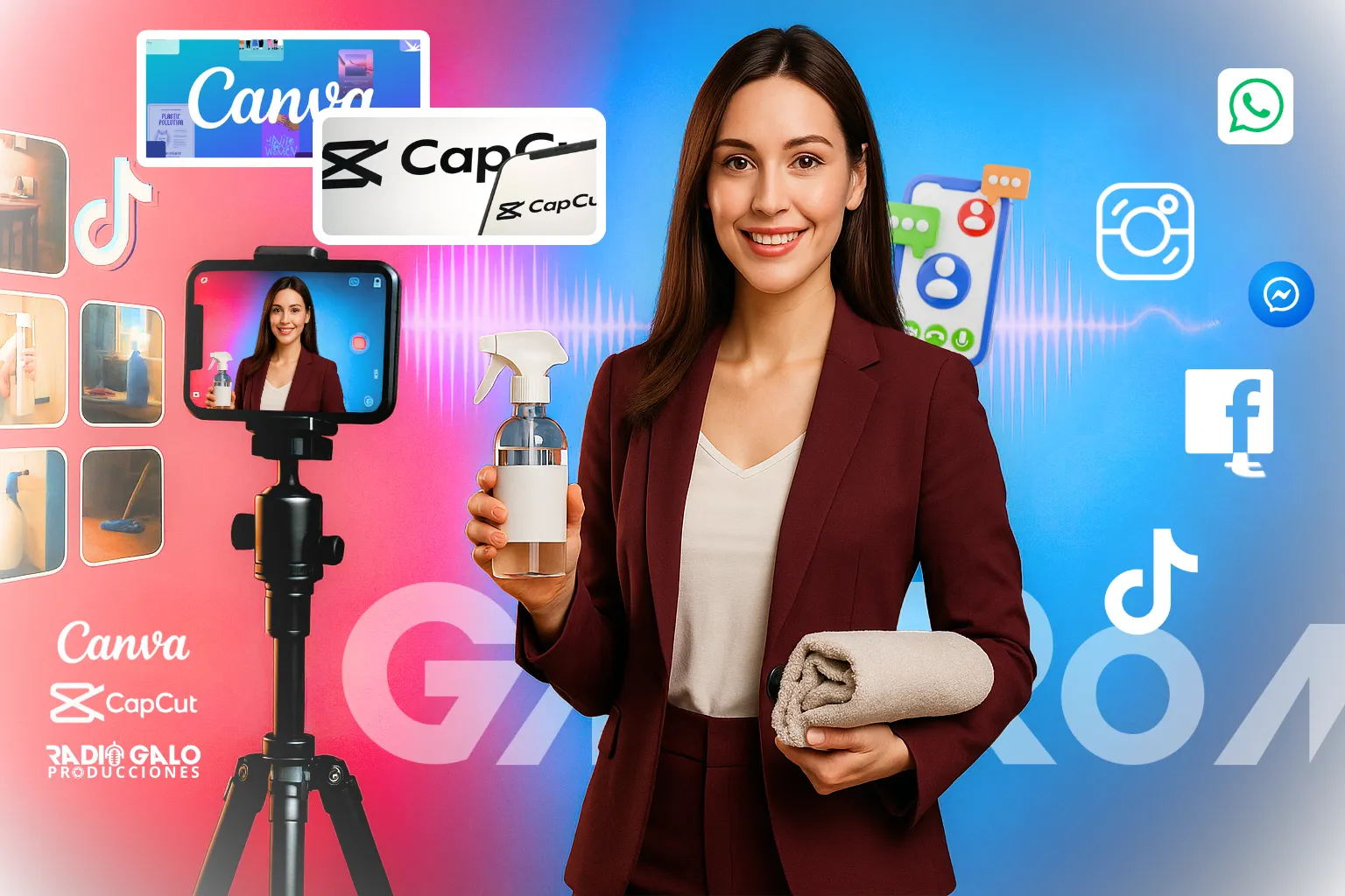 Portada del taller con una presentadora, un celular en tripié y logotipos de redes sociales
