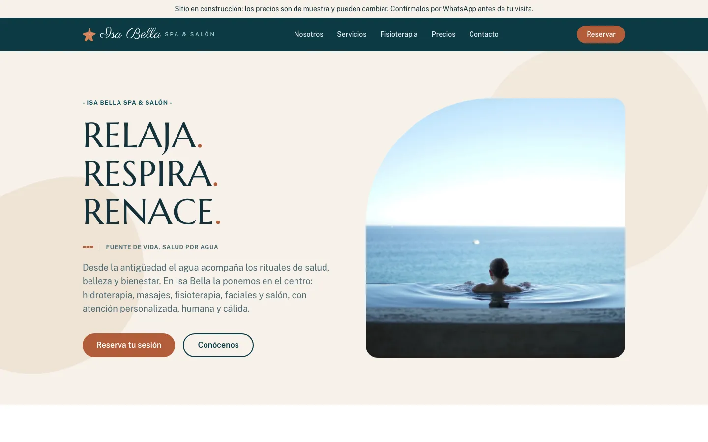 Portada del sitio de Isa Bella Spa con el lema «Relaja. Respira. Renace.»