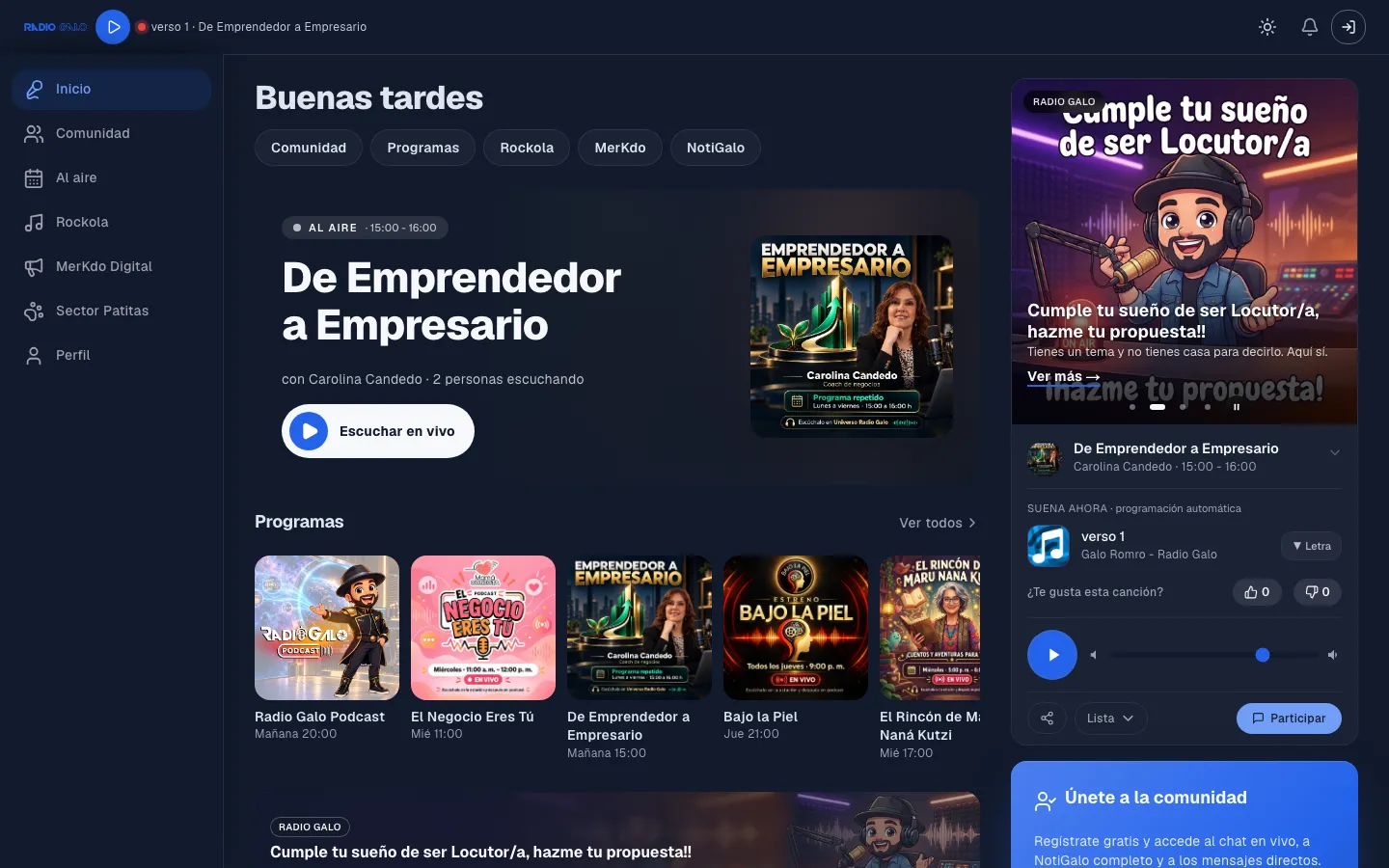 Portada de Universo Radio Galo con el programa al aire y la cartelera de programas